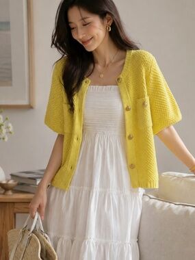 Aaron & Amber Women's Chunky Knit Short Sleeve Cardigan Sweater